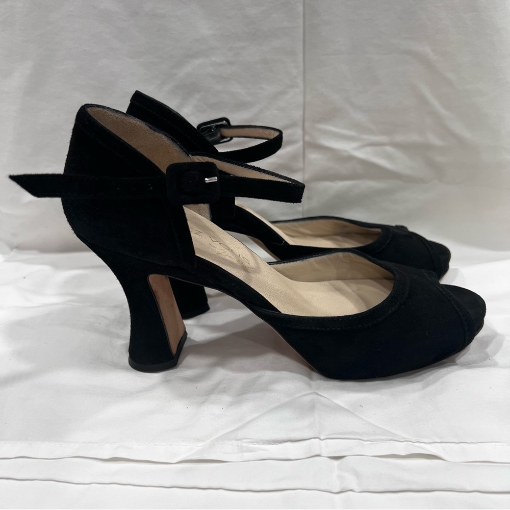 Marchez Vous Suede Peep Top Black Heels Women’s Size 8.5